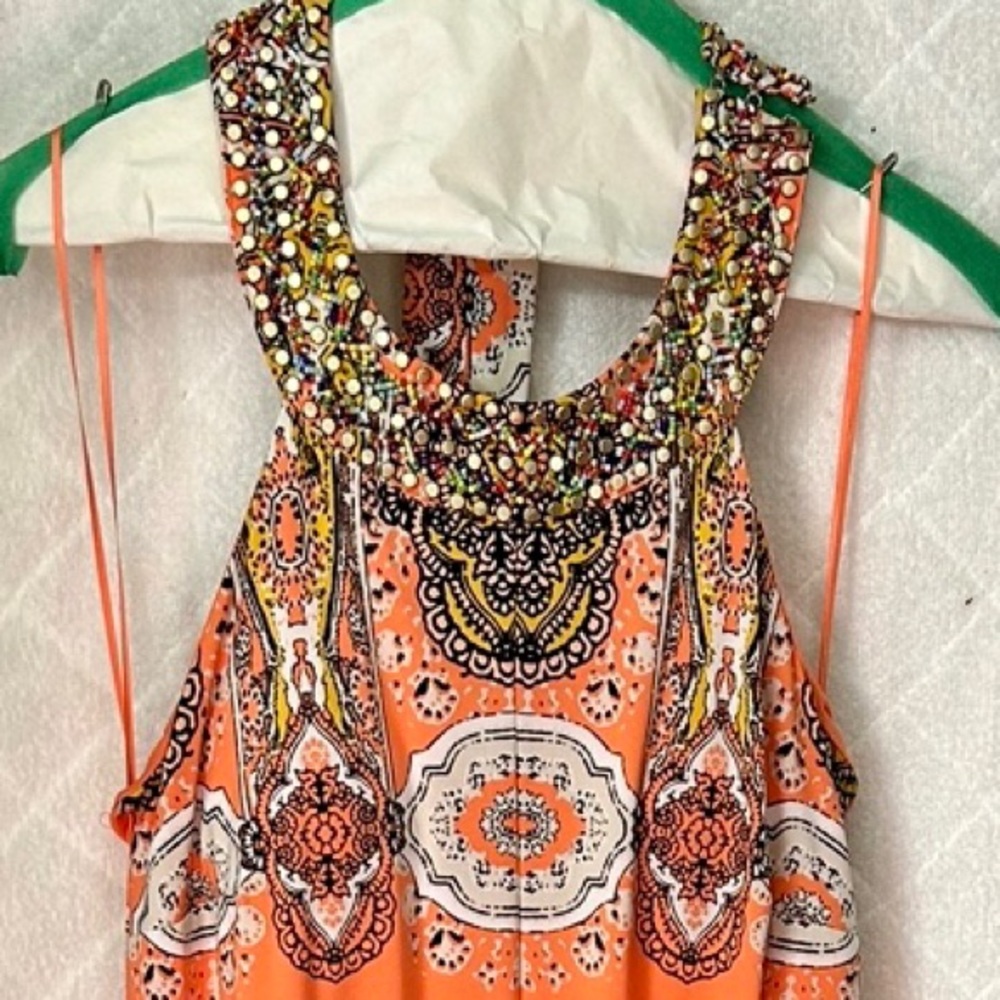 Inc International Concepts Blissful Medallion Beaded Neck Midi Dress Coral